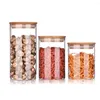 Bouteilles de stockage, bocaux de bonbons en verre pour épices, récipient à couvercle en bambou avec couvercles, cookies de cuisine et 380ml 300ml