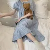 Kadın pijama mavi kiraz baskısı yaz gecelik kadınlar o yaka kısa kollu pamuk uzun gevşek kawaii ev kıyafetleri dantel fırfırlar