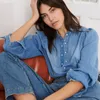 Kadın Bluzları 2023 Yaz Fransız Retro Stant Yakası Gevşek Pamuk Yıkanmış Denim Gömlek Top Kadınlar