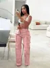 Pantalon Femme WeiYao Rose PU Faux Cuir Femmes Cargo Taille Haute Jambe Droite Pantalon Long Femelle Y2k Streetwear Vintage Bottoms 2023