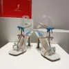 2023 Rene Caovilla Sandals 새로운 활 장식 새틴 여성 10cm 하이힐 수정 버클 스퀘어 발가락 열린 발가락 파인 밴드 조합 브랜드 디자이너 신발