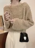 Women's Sweaters Brown Chain Link Knit Sweater Autumn Fashion Thin Pullover Oversized Loose Bell Sleeve Boat Neck Jumper Top