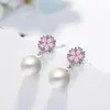 Boucles d'oreilles pendantes en perles de 10mm pour femmes et filles, fleur de cerisier rose, cristal de zircone cubique, à la mode, bijoux cadeaux de fête de mariage