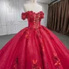 Vermelho brilhante fora do ombro vestidos quinceanera princesa vestido de baile tule rendas até apliques flor doce 15 16 vestido balll gwon