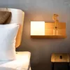 Wandlamp LED Slaapkamer Nachtkastje Armatuur Gang Noords Massief Houten Vierkant Opberglamp Binnenverlichting Voor Thuis