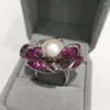 Anillos de racimo Anillo de perlas de agua dulce natural 925 Flor de plata esterlina Pave Piedra Grande Lindo Romántico Joyería fina Tamaño ajustable