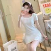Женская одежда для сна 2023 Лето с коротким рукавом сексуальное кружевное мини -платье ночные рубашки для женщин корейский модальный милый лук ночная рука