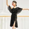 Stage Wear 2023 Latin Dance Dress Girls Black Off Shoulder Sequined Performance Costume Samba Competition VDB3401