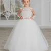 Mädchenkleider Blumenkleid Weiß Flauschiger Tüll Langarm Schleife Bund Applikation Hochzeit Elegant Kleine Kinder Kommunion Party