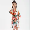 Women's Sleepwear Girls Burgundy Flower Print Robes Kimono Yukata Pajamas Bathrobe Kids Summer Asian Leisure Nightgown