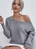 Kvinnors tröjor o-hals tröjor tröja grå Kinted Women Spring Autumn Winter Jumper Y2K Top Crochet Off Shoulder Loose Streetwear