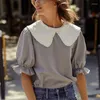 Women's Blouses Ladies French Sweet Check Shirt Back Button Design Vintage Blouse Ruffle Lace Baby Collar Short Sleeve All-Match Camisas
