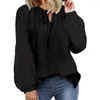 Blusas femininas camisa macia chique renda oca blusa elegante primavera/outono com mangas lanterna retalhos de cor sólida