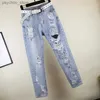 Jeans Femme Femmes trou jean 2023 printemps été nouveau pantalon en Denim taille haute en vrac perles lourdes droite neuf Points Harem Cowboy pantalon Q230901