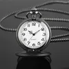 Zakhorloges Vintage Mat Zwart Zilver Volledige Cover Unisex Quartz Horloge Ketting Hanger Ketting Arabisch Nummer Uurwerk Cadeau