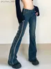 Jeans femininos Weekeep Vintage Flared Jeans Listrado Costura Skinny Low Rise Denim Calças Mulheres Casual 90s Streetwear Moda Coreana Y2K Grunge Q230901