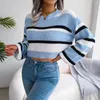 Pulls pour femmes Ins Style Real Time 2023 Automne / Hiver Casual Stripe Manches longues Ouvert Pull tricoté ombilical pour femmes Sueter Mujer Tops