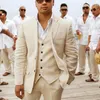 Men's Suits Wedding Suit Groom Beige Linen Custom Full Tuxedo 3 Piece Slim Wears Formal Dinner Dance Party Blazer (Jacket Pants)