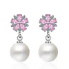 Boucles d'oreilles pendantes en perles de 10mm pour femmes et filles, fleur de cerisier rose, cristal de zircone cubique, à la mode, bijoux cadeaux de fête de mariage