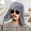 Bérets 2023 Hiver Hommes Véritable Rex Fourrure Bomber Chapeau Ushanka Cap Trapper Russe Homme Ski Chapeaux Casquettes En Cuir De Mouton En Cuir