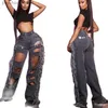 Calças de brim femininas 2022 novo buraco cinza borla jeans calças retas namorado rasgado jeans streetwear q230901