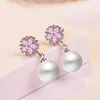 Boucles d'oreilles pendantes en perles de 10mm pour femmes et filles, fleur de cerisier rose, cristal de zircone cubique, à la mode, bijoux cadeaux de fête de mariage