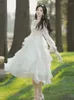 Vestidos casuais outono feminino dopamina retro francês romântico branco cintura alta fada magro em doce grande balanço vestido de manga longa