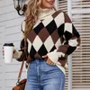 Suéteres para mujer, suéter de cuello alto Argyle de punto con retales, jersey de manga larga para mujer, jersey suelto informal, prendas de punto para mujer, Tops 2023