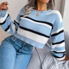 Pulls pour femmes Ins Style Real Time 2023 Automne / Hiver Casual Stripe Manches longues Ouvert Pull tricoté ombilical pour femmes Sueter Mujer Tops