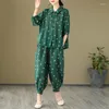 Pantalon de deux pièces pour femmes Costume Outfit Summer 2023 Version coréenne Grande taille Lâche Imprimer Mode Coton Lin Chemise Ensemble pour femmes Z1418