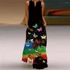 Casual Dresses Women Plum Blossom Printed Dress Summer Loose V-Neck Sleeveless Beach Maxi Elegant Flower Vintage Long