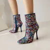 Women New Round Head Slim Heel Super High Colorful Rhinestone All Over the Sky Star Large Fashion Show Short Boots Women's 230830