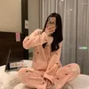 Women's Sleepwear Peach Print Women Pajamas Set Winter Fleece Velvet 2 Piece Pant Home Suit Fluffy Cute Piiama Warm O-neck Night Wear