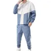 Tracksuits masculinos homens casaco calças conjunto elegante retalhos esporte roupa com capuz zíper cintura elástica sweatpants para primavera outono cor