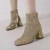 Новые женские сапоги с лодыжкой Sequined Fashion Loble High Heels Женщины круглые зимние ботинки Серебряные голубые женские женские пинетки для женской вечеринки Большой размер