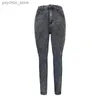 Женские джинсы с высокой талией женские джинсы 2023 весенний кружевные сшивающие сшивание новая модная ретро -серые джинсы Сексуальные узкие брюки карандашные брюки Стрих Джинсы для Q230901