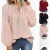 Blusas femininas camisa macia chique renda oca blusa elegante primavera/outono com mangas lanterna retalhos de cor sólida