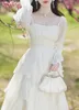 Vestidos casuais outono feminino dopamina retro francês romântico branco cintura alta fada magro em doce grande balanço vestido de manga longa