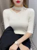 Kvinnors tröjor 2023 Summer Hollow Out Short Sleeve Women Sweater Korean Casual Solid Color Knitwear Cut-Outs Turtleneck Ice Silk Pullovers