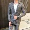 Ternos masculinos estilo britânico xadrez terno conjunto masculino (calças jackrt) 2 peças casual negócios blazer calças festa de formatura casamento noivo roupas