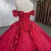 Vermelho brilhante fora do ombro vestidos quinceanera princesa vestido de baile tule rendas até apliques flor doce 15 16 vestido balll gwon