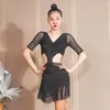 Bühne tragen Latin Dance Kleid Frauen Ausschnitt Taille Schwarz Spitze Fransen Sommer Praxis Kleidung Rumba Leistung VDB3594