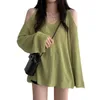 Suéter feminino de malha com ombro frio, gola em v, manga comprida, blusa solta casual, túnica, pulôver, cor sólida, dropship