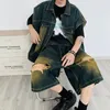Men's Tracksuits Fashion Denim Vest Shorts Suit Handsome Summer Sleeveless Jacket Thin Casual Loose High Street Ripped Jeans Male Clothes