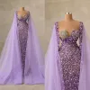 Lila prom klänningar sjöjungfru långa ärmar glittrande paljetter kristaller skräddarsydda gjorda ruched veck aftonklänning formell ocn wear vestidos plus size