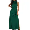 Casual Dresses Women Formal Satin Dress Sleeveless Mock Neck Summer Flowy Side Slit Solid Color Elegant Soft For Cocktail Wedding