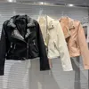 Women's Leather Fall Zipper Coat For Women 2023 Pearl Beaded Turn Collar Washed Pu Motorcycle Jacket Street