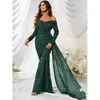 Casual Dresses Elegant Ladies Party Vestido De Festa Women Sexy Off Shoulder Long Sleeve Green Sequined Cocktail Prom Evening Mermaid Dress