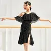 Stage Wear 2023 Latin Dance Dress Girls Black Off Shoulder Sequined Performance Costume Samba Competition VDB3401