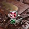 Cluster Rings Luxury Square Round Silver Color Adjustable Finger For Women Fashion Clear Red Green CZ Wedding Jewelry Gift